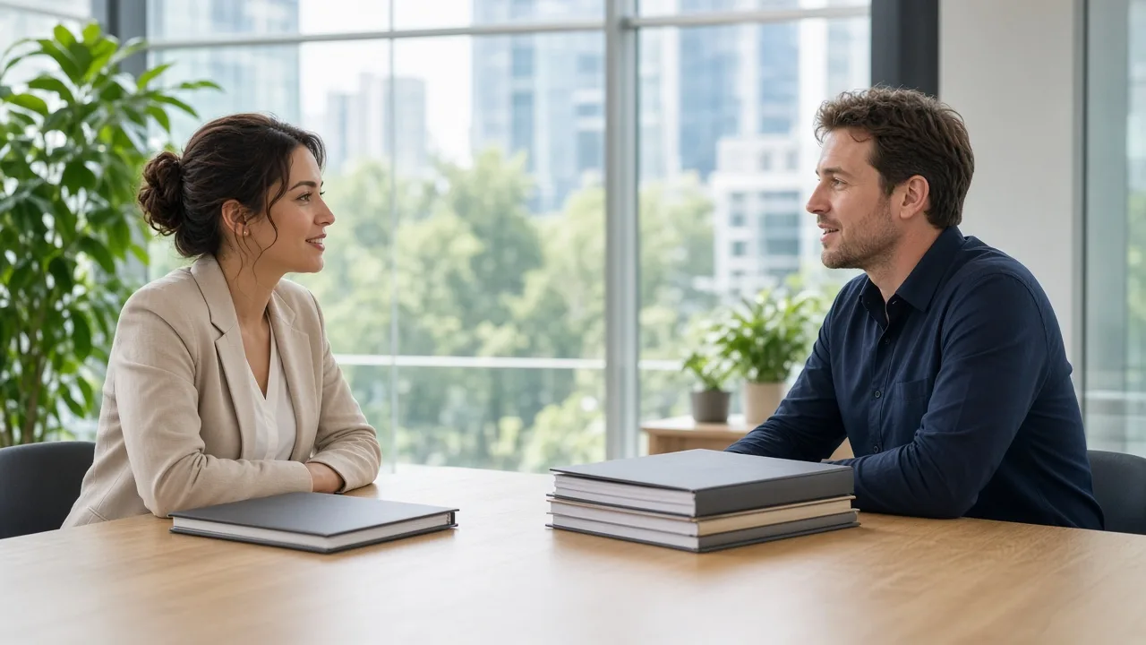 Two colleagues talk in a glass office with closed folders on the table.