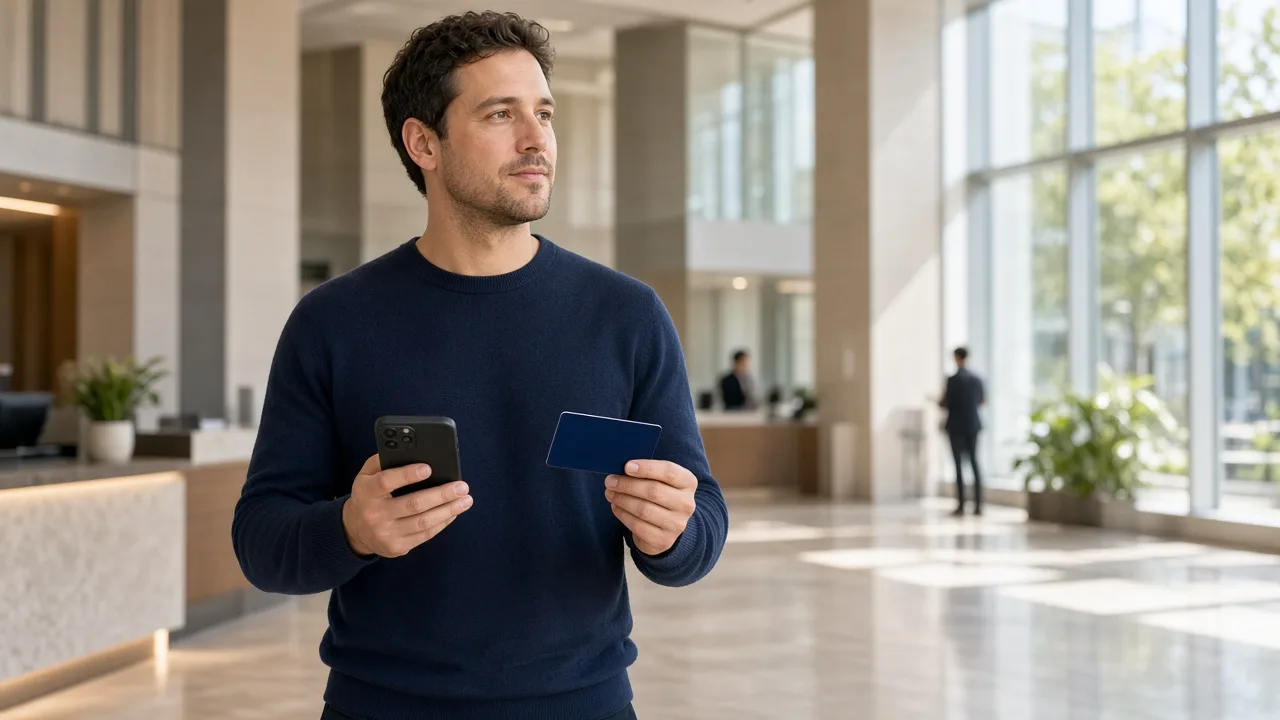 A person in a sunny bank lobby holds a phone facing away and a blank card.