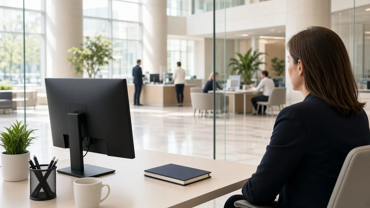 A coordinator sits at a light desk with a monitor facing away and a closed notebook.