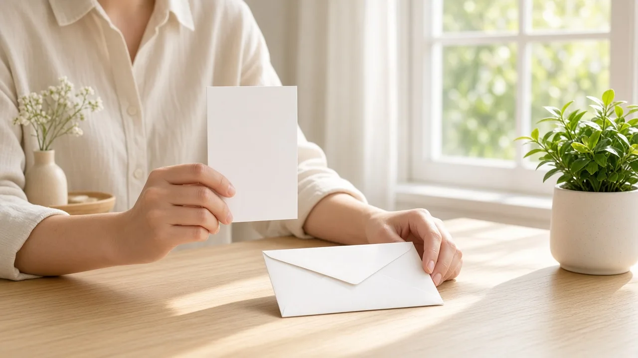 A person at a light desk holds a blank card beside a sealed envelope.