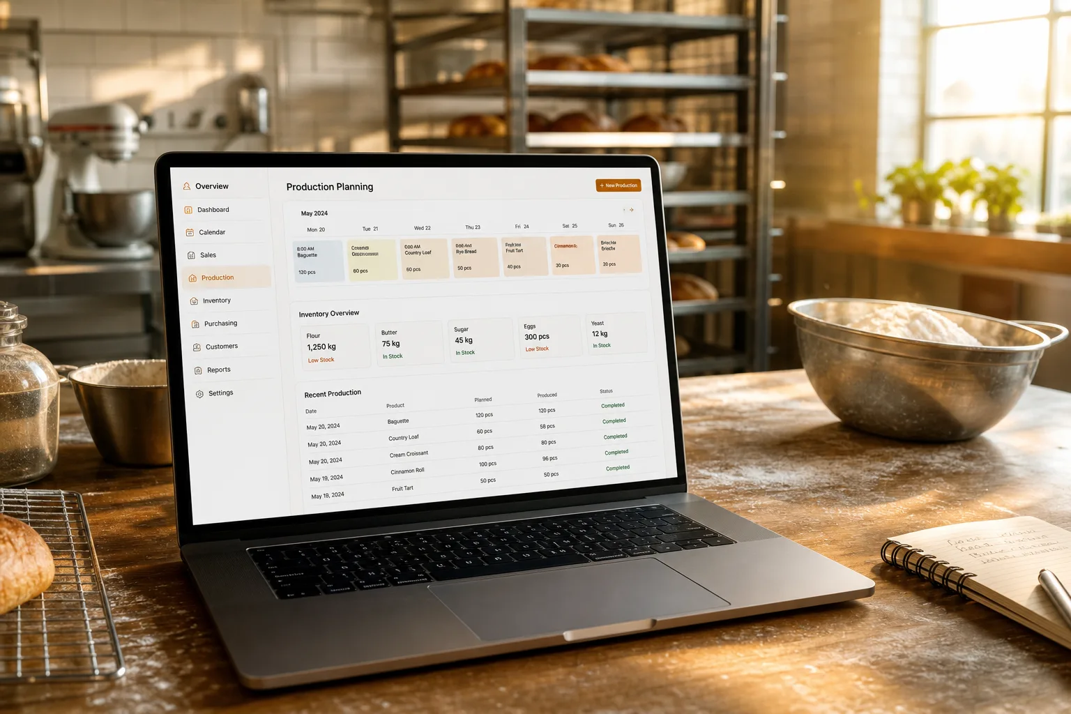 Bakery management software with inventory, production planning, and analytics
