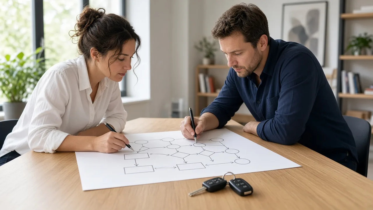 Two colleagues sketching an unlabeled flowchart with car keys on the table.