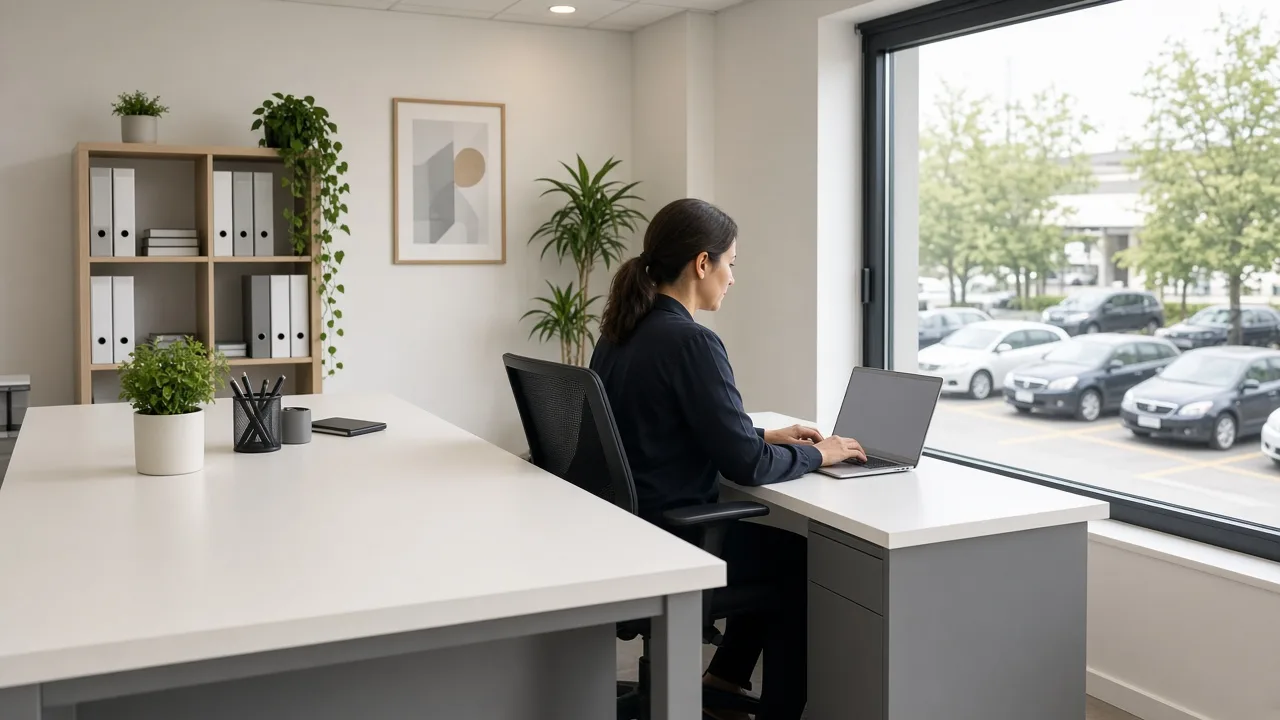 A coordinator at a laptop with the screen turned away, and parked cars visible through the window.