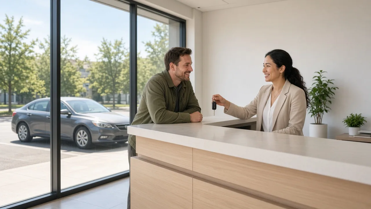 A customer and an agent at a bright rental counter with keys and a sedan outside.