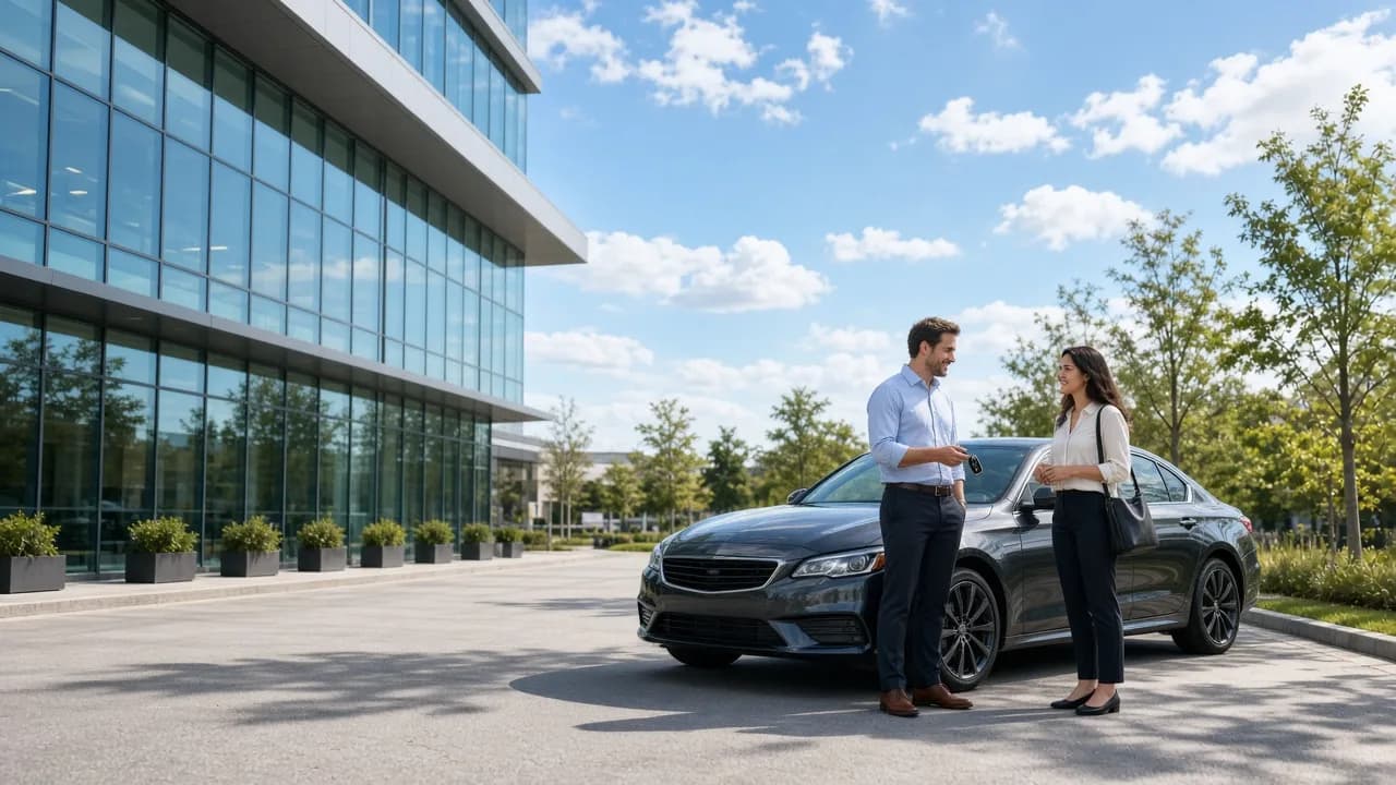 Two colleagues standing beside a dark sedan outside a bright glass office.