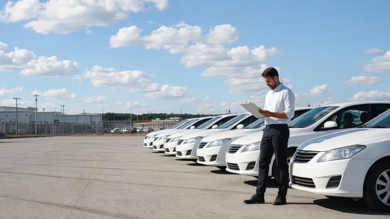 A coordinator standing among a row of white sedans in a sunny fleet yard.