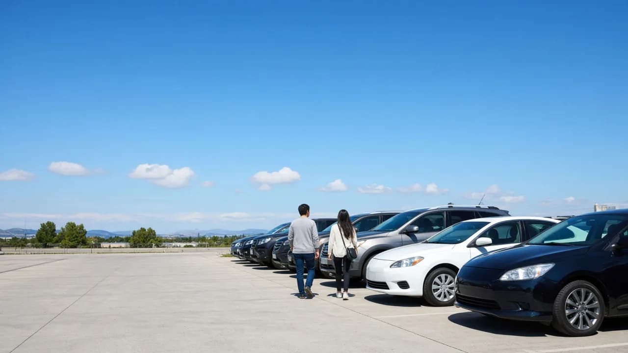 Customers walking between several different cars in a bright rental lot.