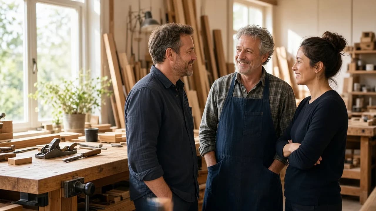 Three people talk beside a workbench in a sunny wood workshop.