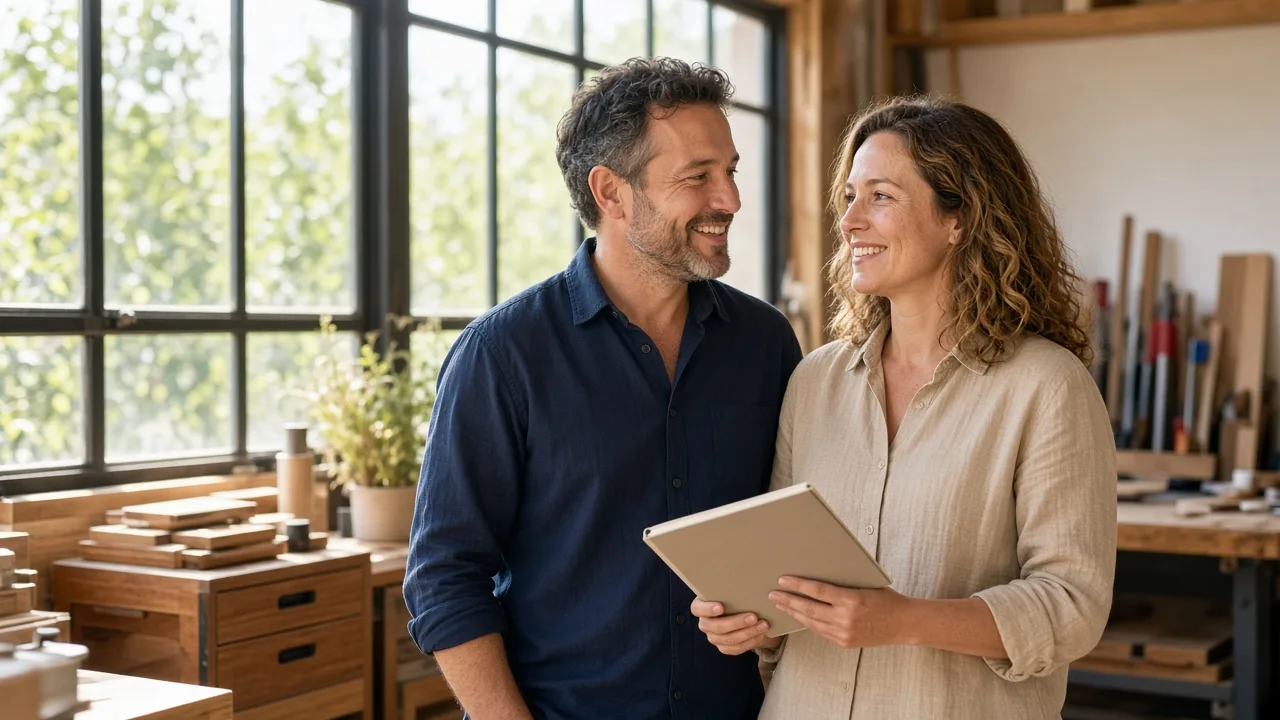 Two people stand by a large sunny workshop window holding a closed notebook.