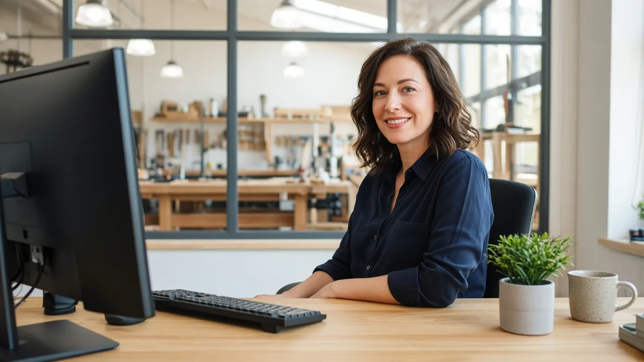 A coordinator works at a sunny desk with a monitor facing away and a workshop outside the window.