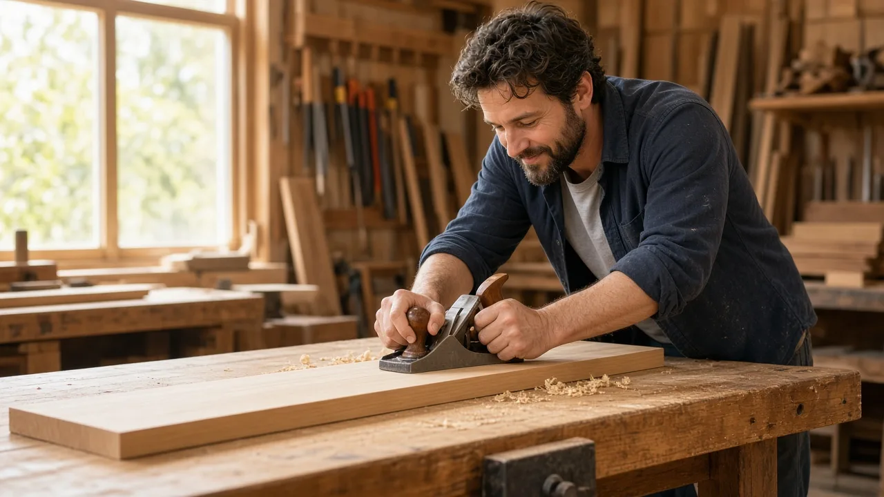 A carpenter planes a wooden board in a sunny workshop.