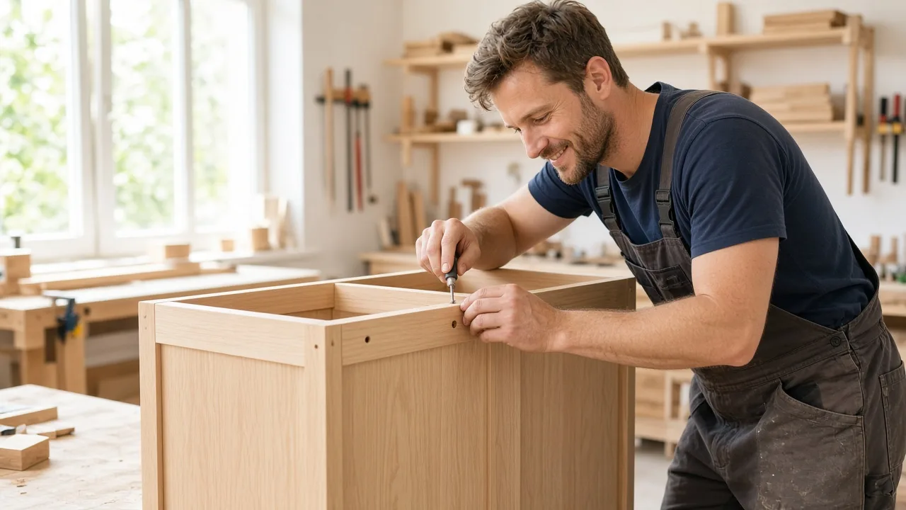 A carpenter assembles an unfinished wooden cabinet in a sunny workshop.