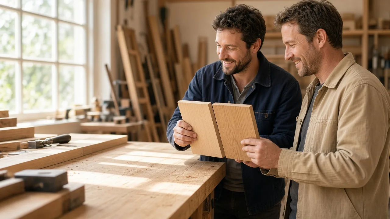 Two carpenters compare plain wood samples at a sunny workbench.