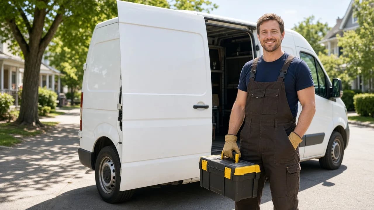 A carpenter stands beside a plain white van holding a toolbox on a sunny street.