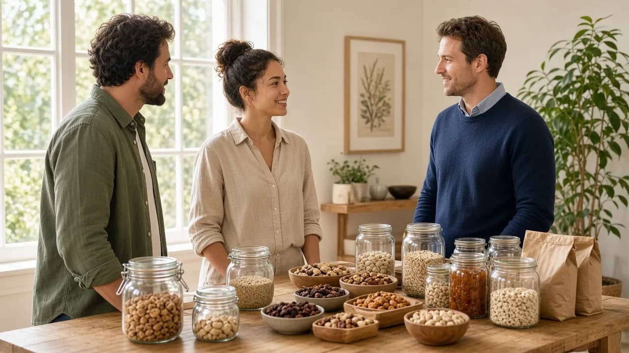 Three colleagues talk in a sunny room beside a table of unlabeled goods.