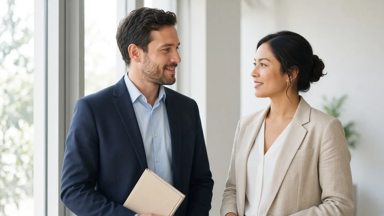 Two colleagues stand by a bright window with a closed notebook.
