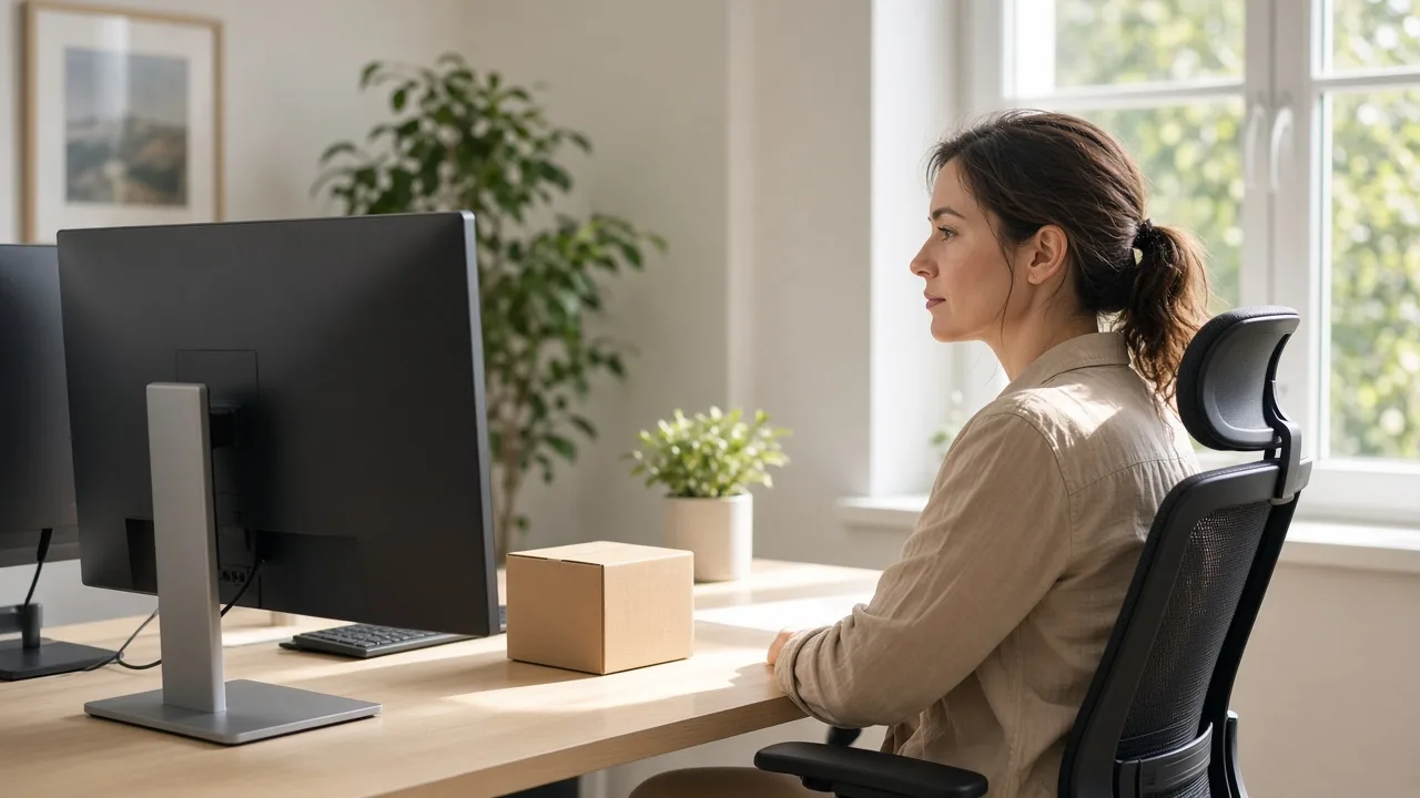 A coordinator sits at a light desk with a monitor facing away and a small product box nearby.