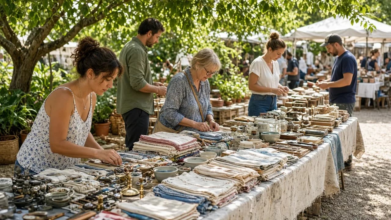 People browse tables of unlabeled goods at a bright outdoor market.