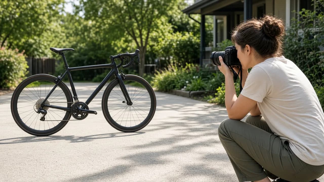 A person photographs a bicycle in a sunny driveway.