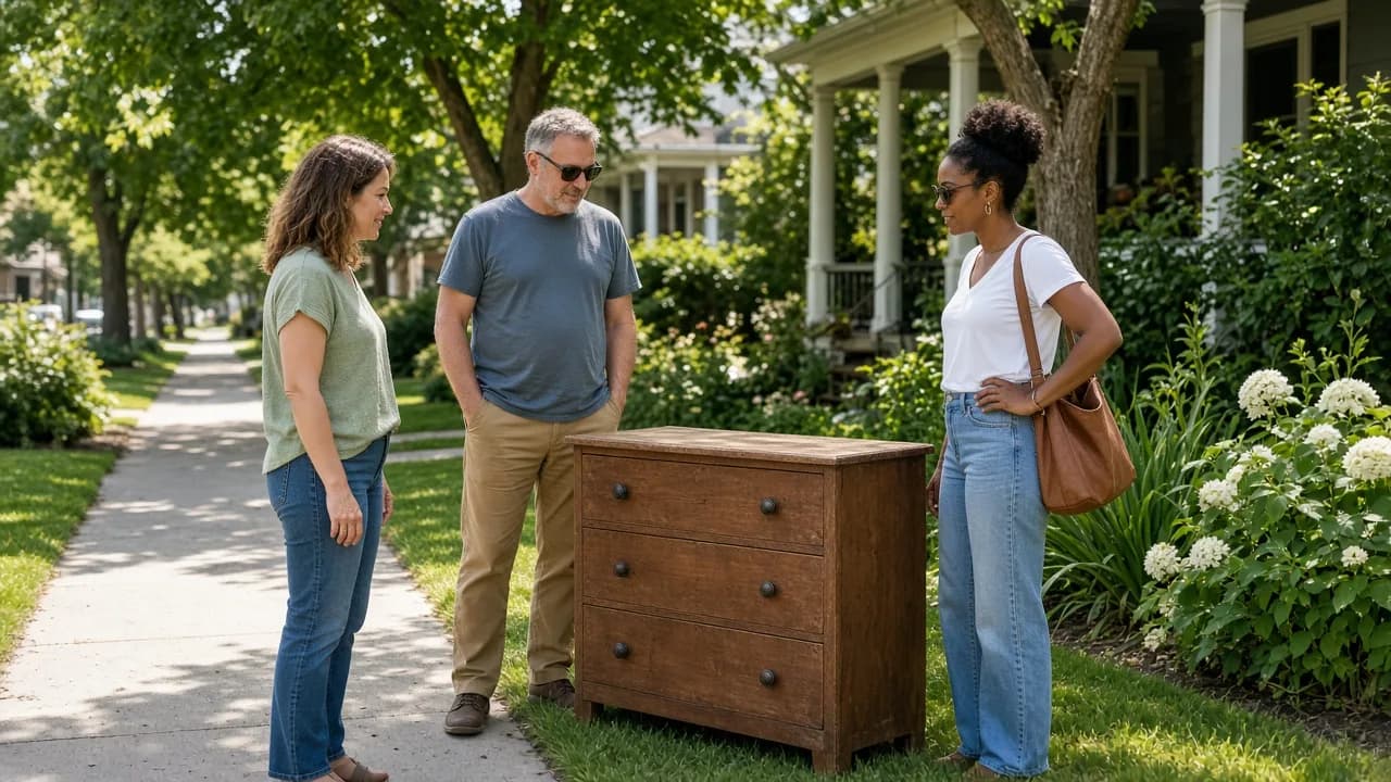 Neighbors look at furniture on a sunny residential sidewalk.