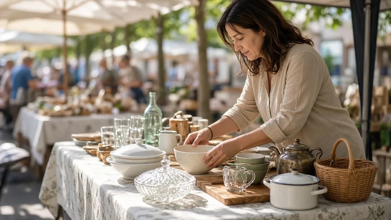 A seller arranges unlabeled household items on a sunlit market table.