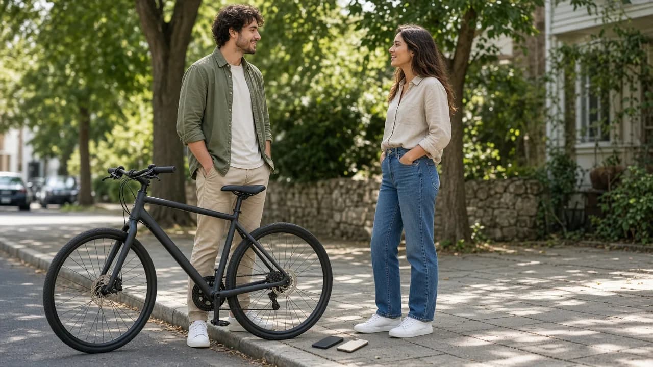 Two people talk beside a bicycle at a sunny curb with their phones face down.