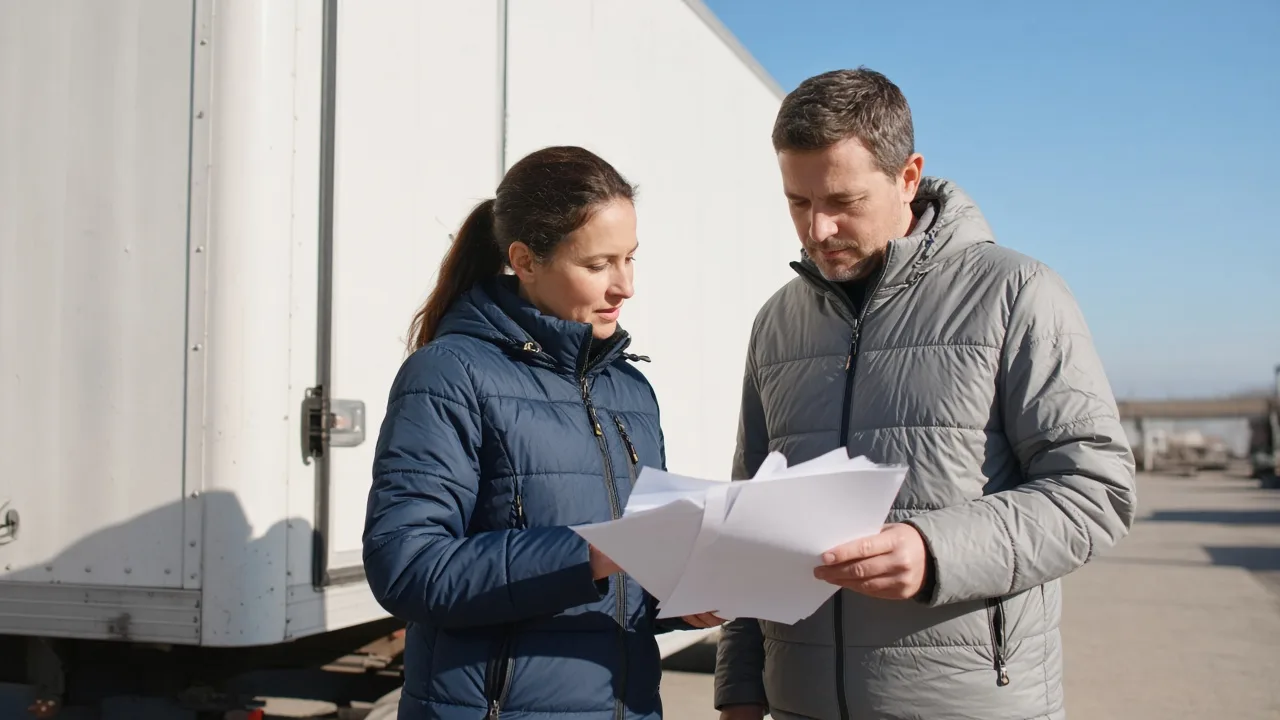 Two colleagues in insulated jackets review blank papers beside a white refrigerated trailer.