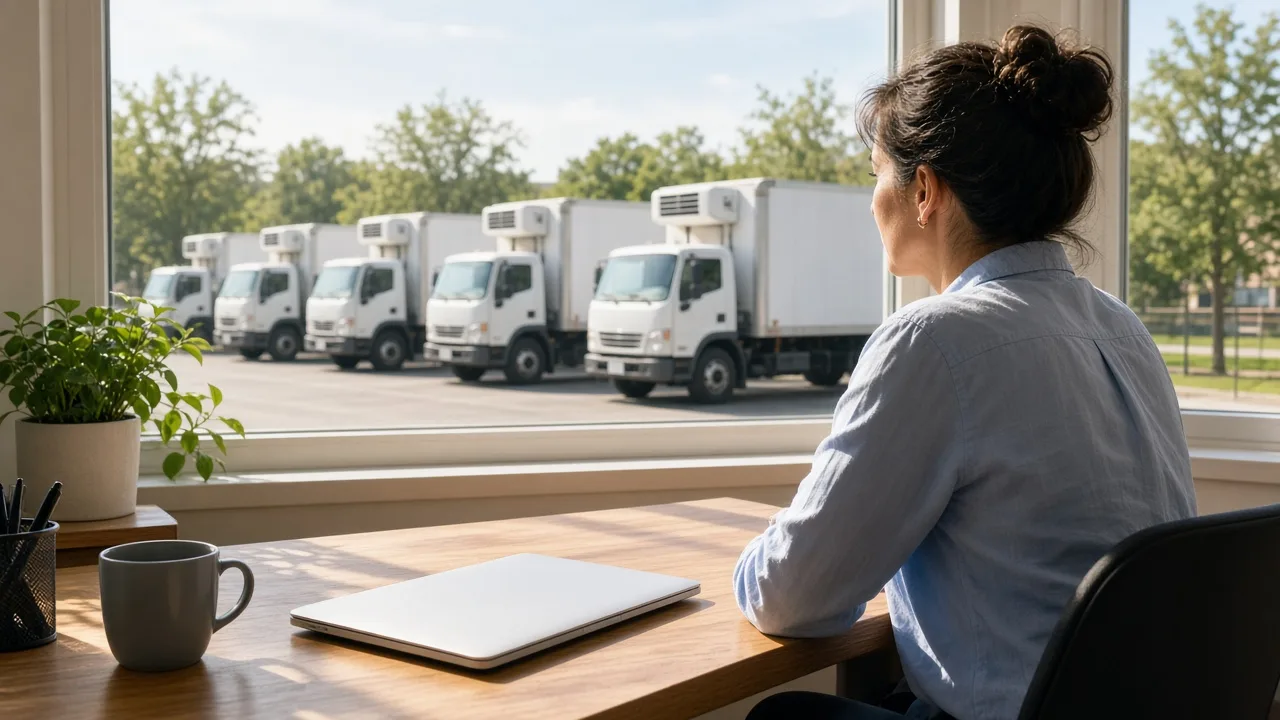 A person sits at a sunlit desk with a closed laptop, looking toward white refrigerated trucks.