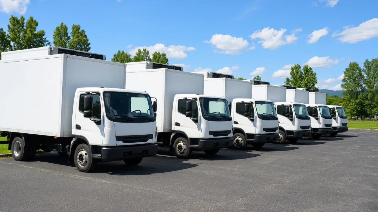 A row of plain white refrigerated trucks is parked in a sunny lot.