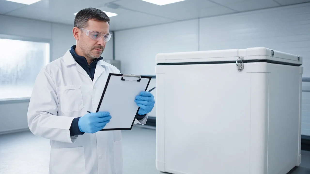 An inspector holds a blank clipboard beside a plain insulated container.