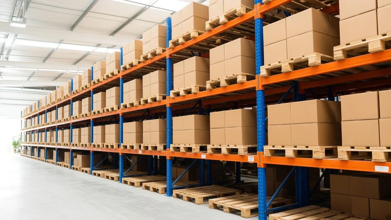 Pallet racks of plain boxes fill a bright chilled warehouse aisle.