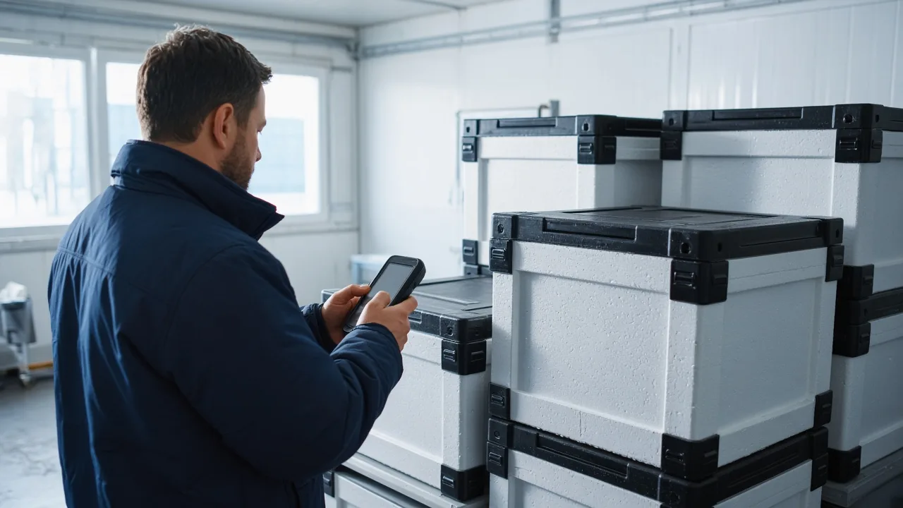 A technician holds a device with the screen turned away beside stacked insulated boxes.