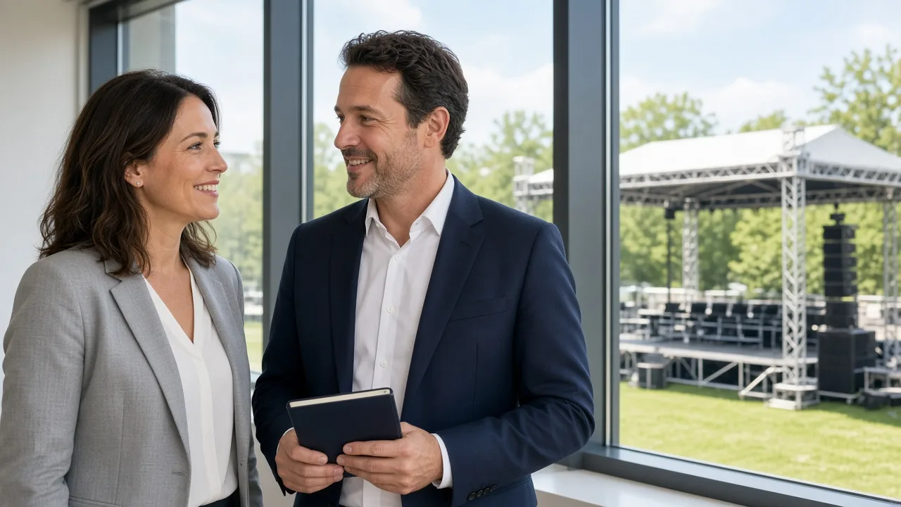 Two professionals stand by a sunny window overlooking an outdoor stage, holding a closed notebook.