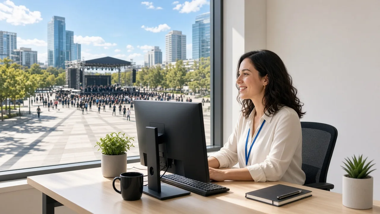 A coordinator sits at a desk with a monitor facing away and a sunny concert plaza outside the window.