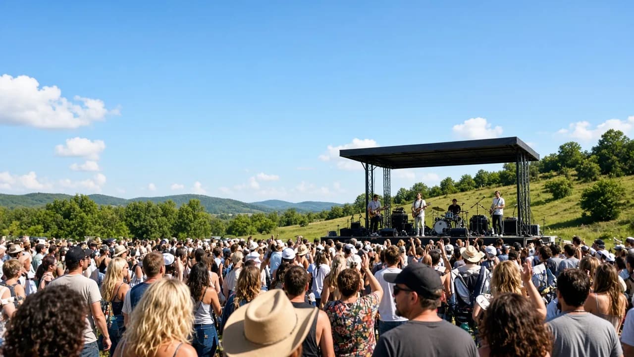 A daytime outdoor music festival crowd faces a simple stage under a blue sky.