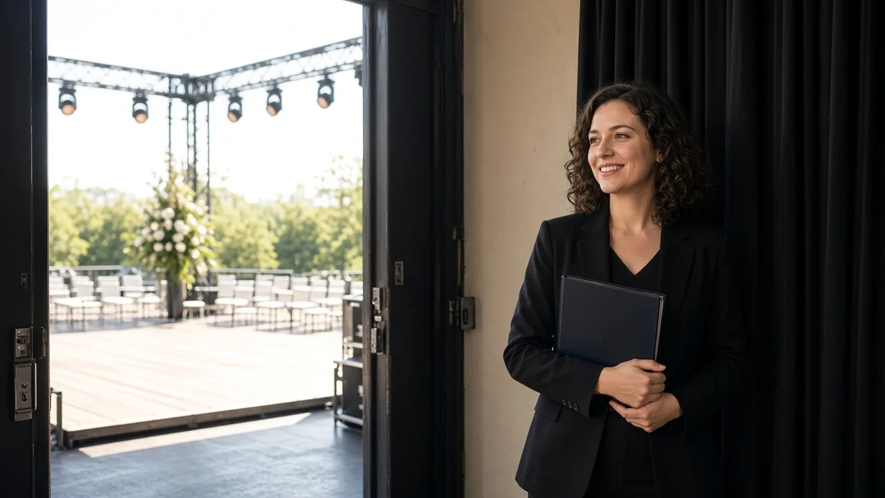 An event organizer holds a closed folder backstage with a sunny stage visible through a doorway.