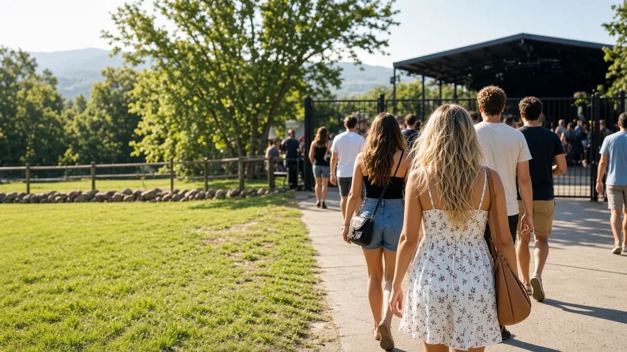 Concertgoers walk toward a sunny venue entrance with no readable signs.