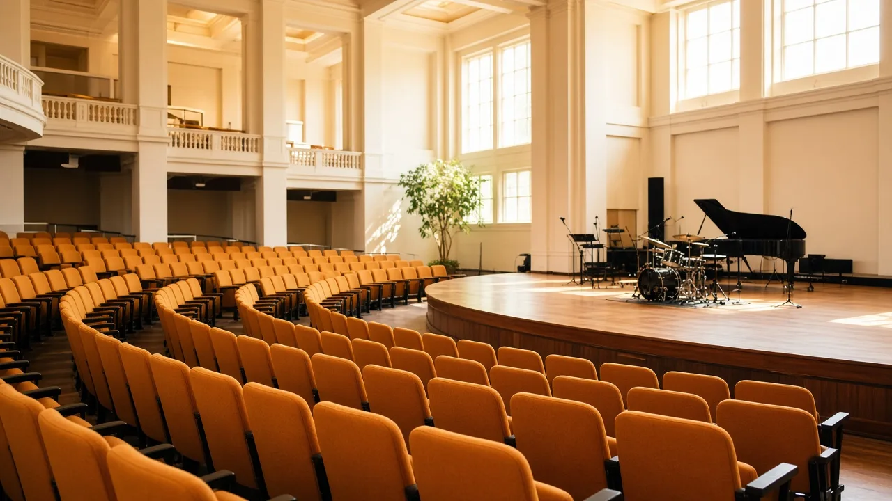A sunlit concert hall with warm seats and a simple stage set with instruments.