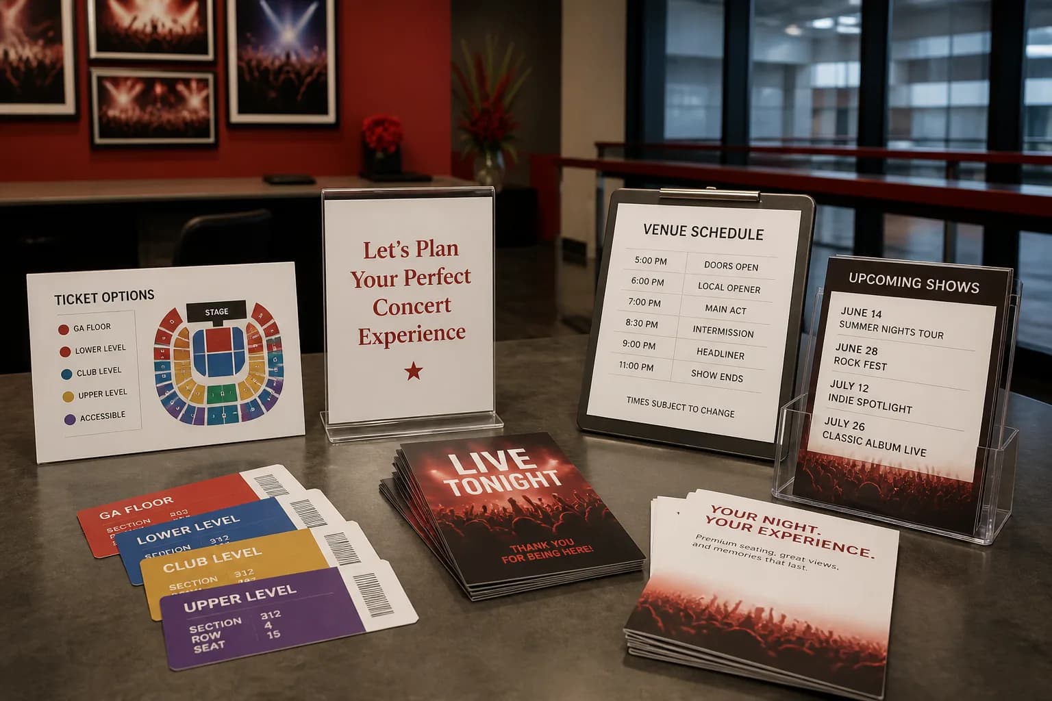 Bright USA concert ticketing desk with tickets and consultation cards