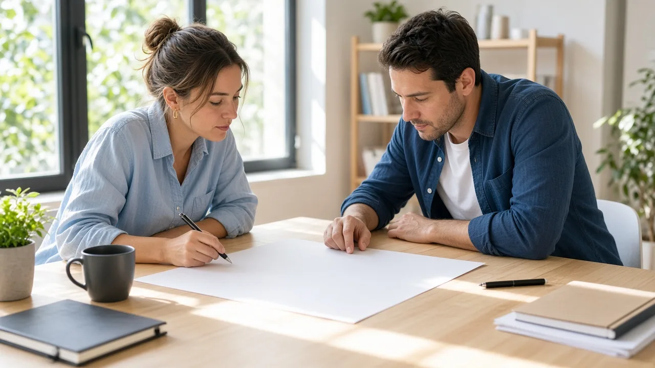 Two colleagues plan over a blank sheet at a sunny table.