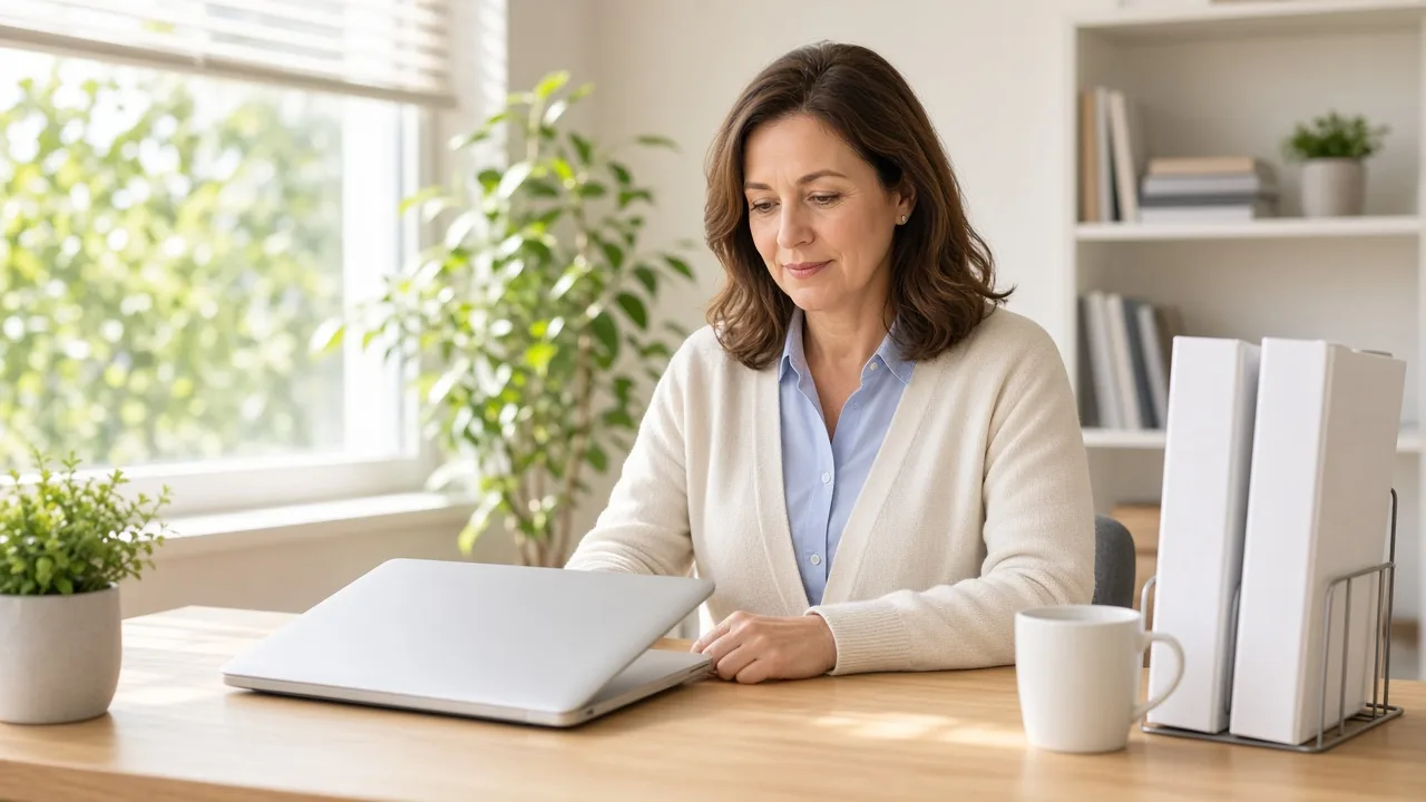 An administrator sits at a sunlit desk with a closed laptop and blank white binders.