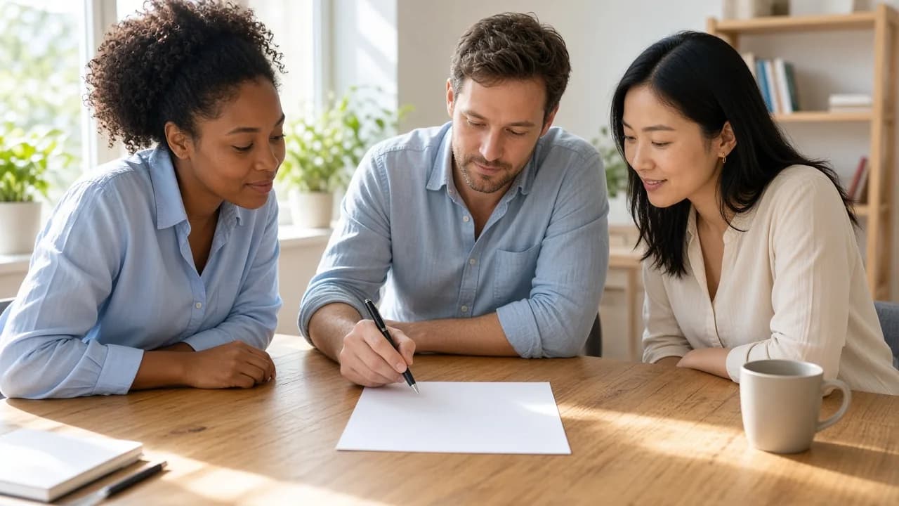 Three colleagues review a blank page with a pen at a sunny table.