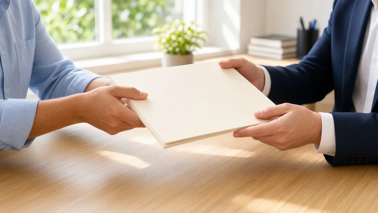 Two people pass a blank folder across a sunlit wooden desk.