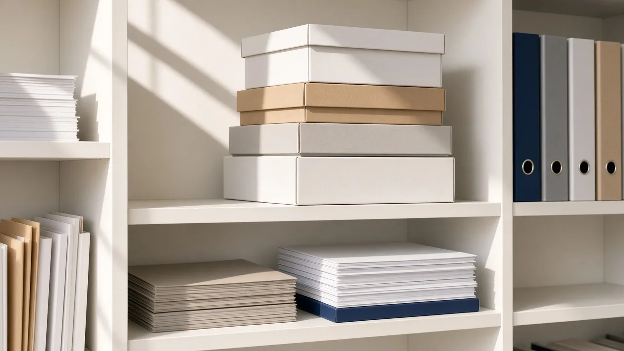 Unlabeled archive boxes and blank paper stacks sit on a bright white shelf.