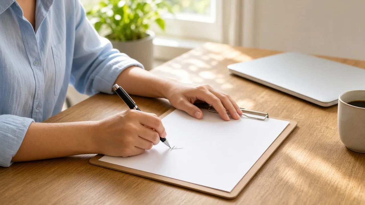A person signs a blank page on a clipboard beside a closed laptop.