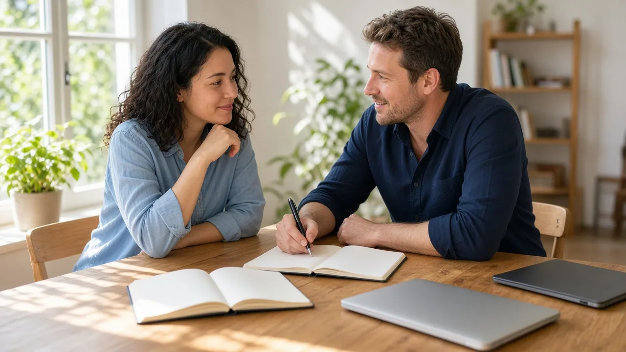Two colleagues plan at a sunny table with blank notebooks and closed laptops.