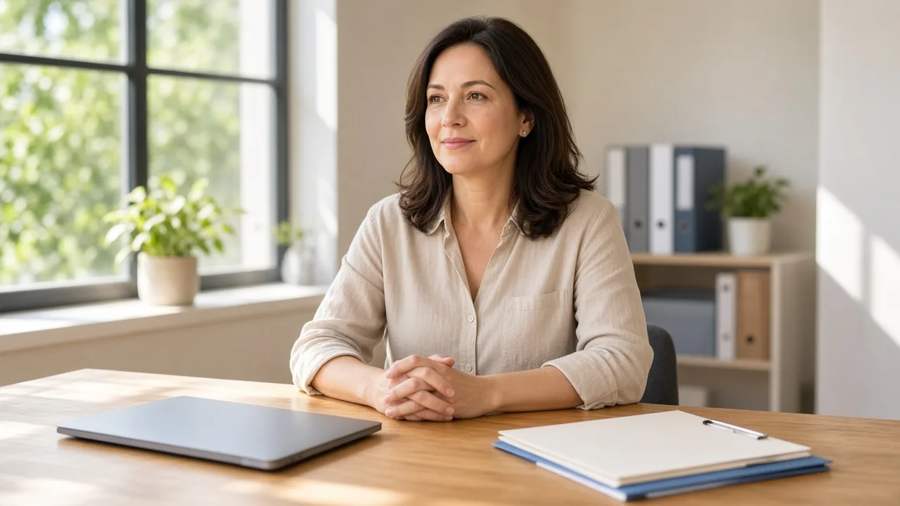 A training coordinator sits at a sunlit desk with a closed laptop and blank folders.