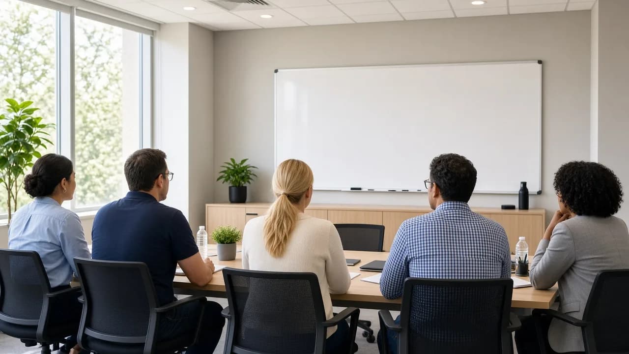 A small group sits in a bright briefing room facing a blank whiteboard.