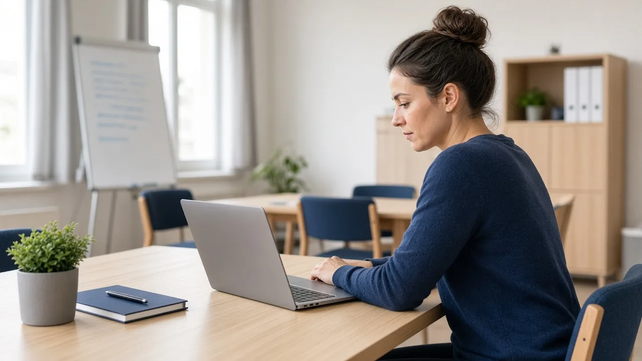 A person uses a laptop with the screen turned away in a bright training room.
