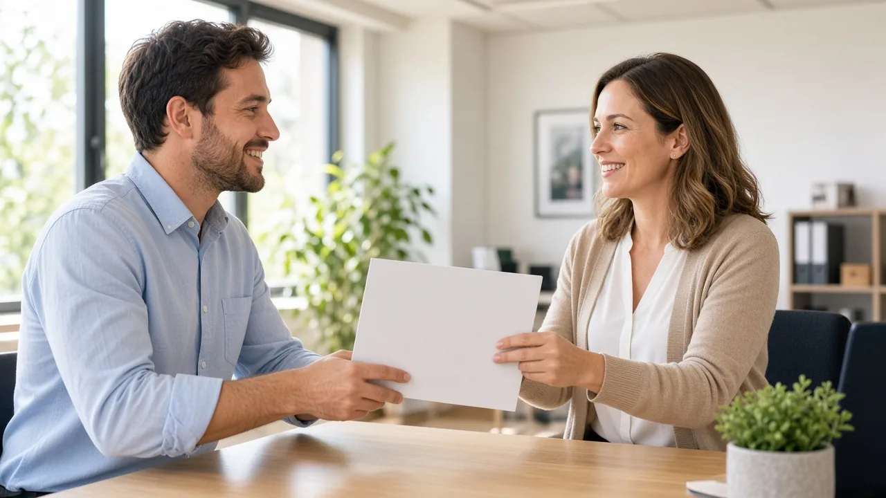 A colleague hands a new employee a blank welcome folder in a sunny office.